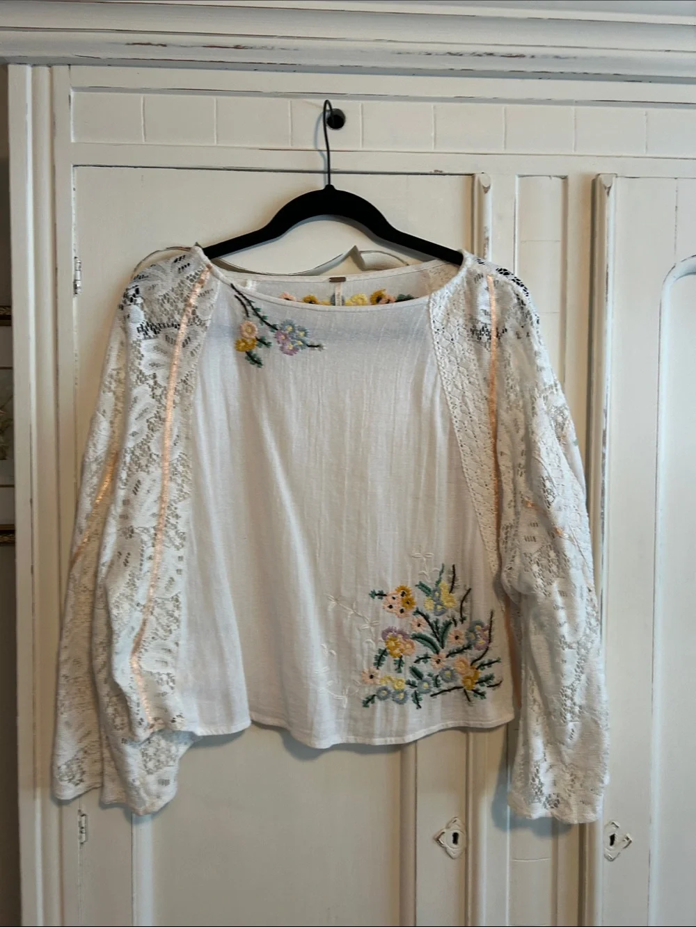 Free People White Embroidered Lace-Sleeve Boho Tunic